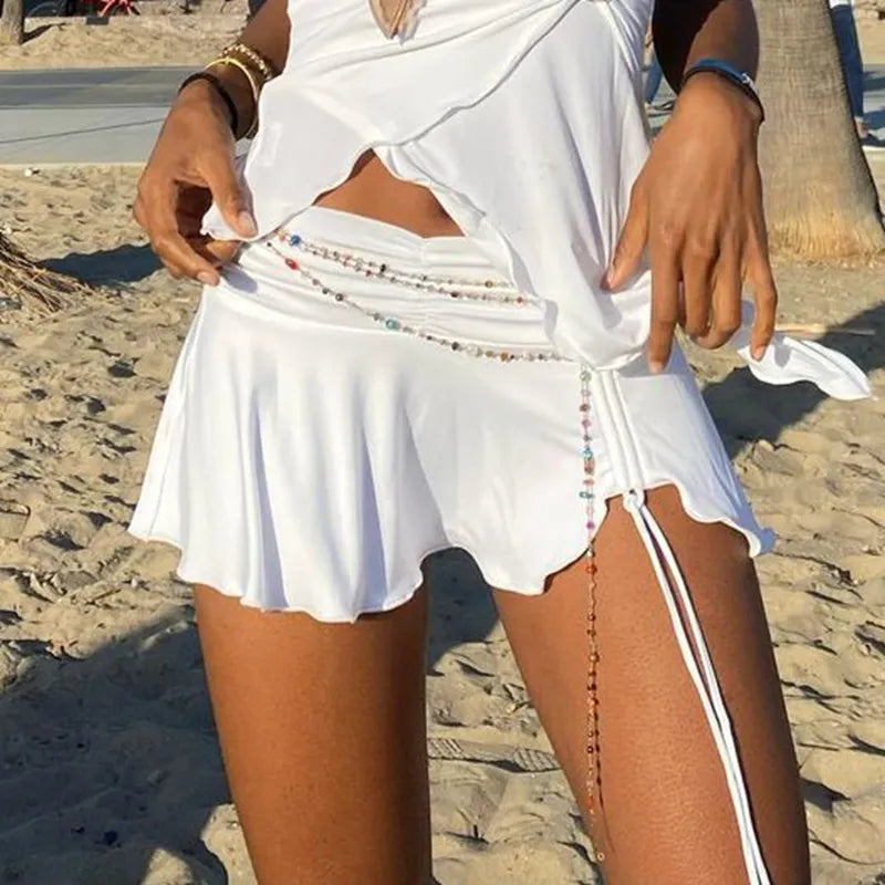 Y2K Aesthetic Low Waist Slim Fit Mini Skirt Women Summer Sexy Drawstring Irregular Ruffles Hem Short Skirt E-girl Streetwear